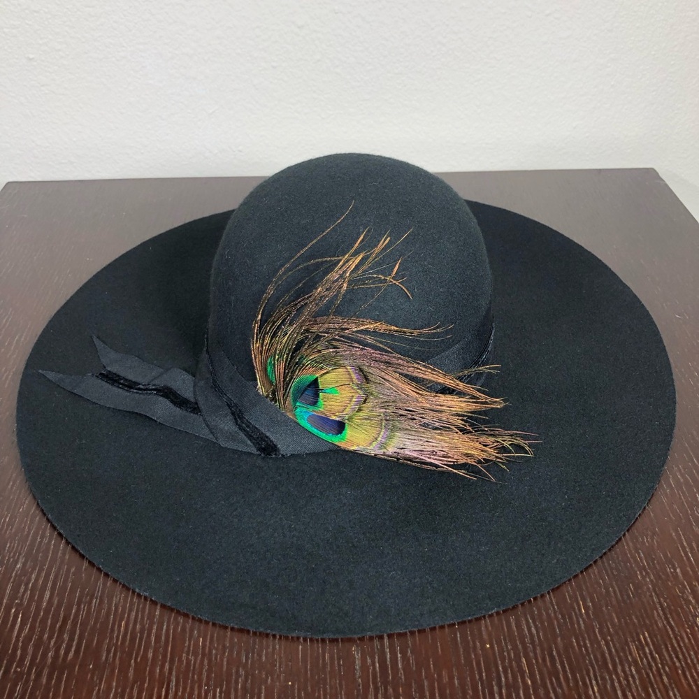 Cynthia Rowley Wool Black Fedora Cloche Wide Brim Peacock Feathers bohemian Hat - Picture 7 of 14